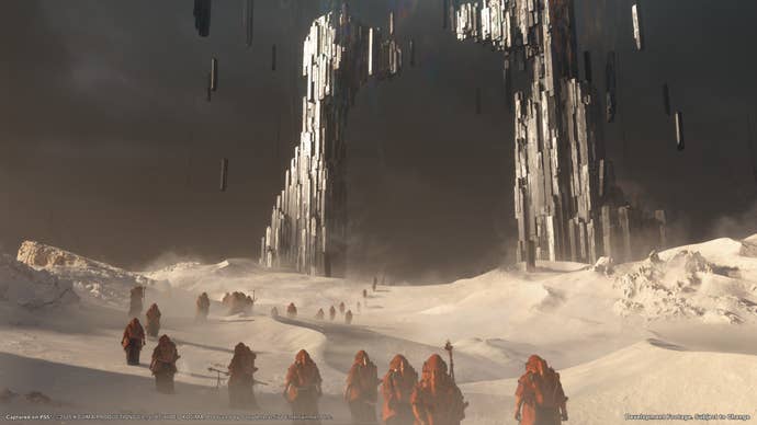 Death Stranding 2 screenshot showing line of red religious cult-like figures walking towards a strange gate-like monument