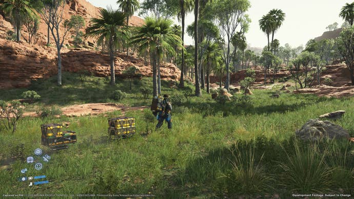 Death Stranding 2 screenshot showing Sam pulling multiple packages through a verdant jungle