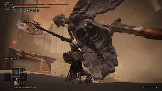 A warrior fights a large boss monster in Elden Ring