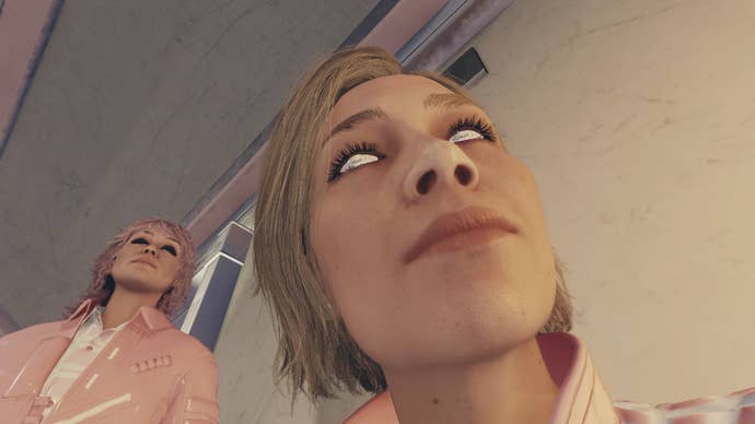 Starfield characters with a mod that writes “uwu” on their eyeballs