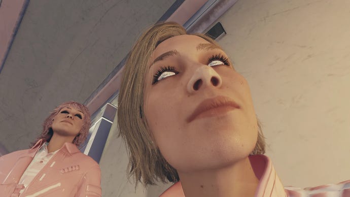 Starfield characters with a mod that writes “uwu” on their eyeballs