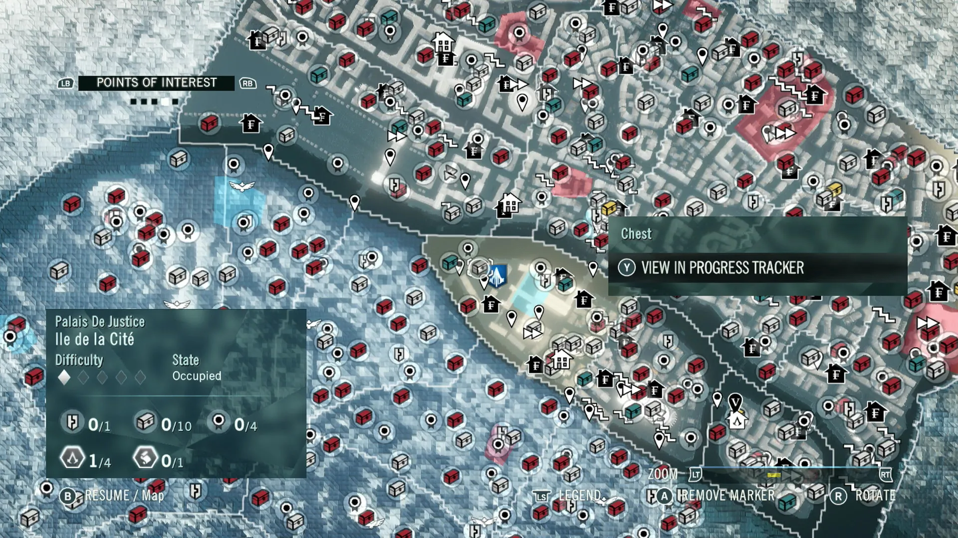An icon-filled map screen in Assassin&rsquo;s Creed Unity