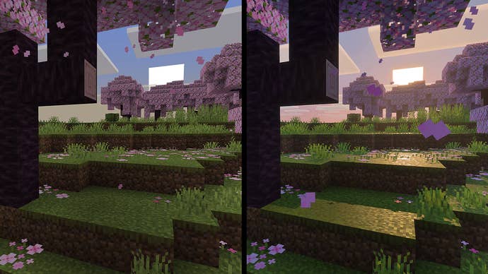 Before and after comparisons of green surface areas with blossoming trees that use Minecraft’s Vibrant Visuals update