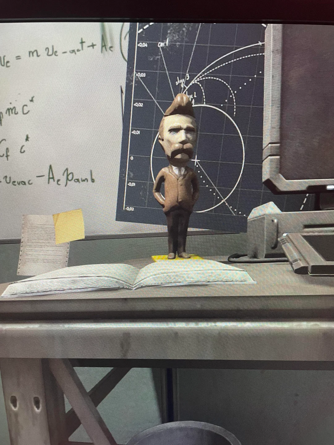 A plastic statue of Friedrich Nietzsche on a computer table surrounded by wall charts and notes in Frictional's horror game Soma.