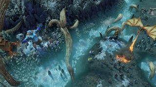 A misty, blue-toned area from Age Of Mythology Retold, showing a giant humanoid monster wielding a club and a winged creature attacking on the other side