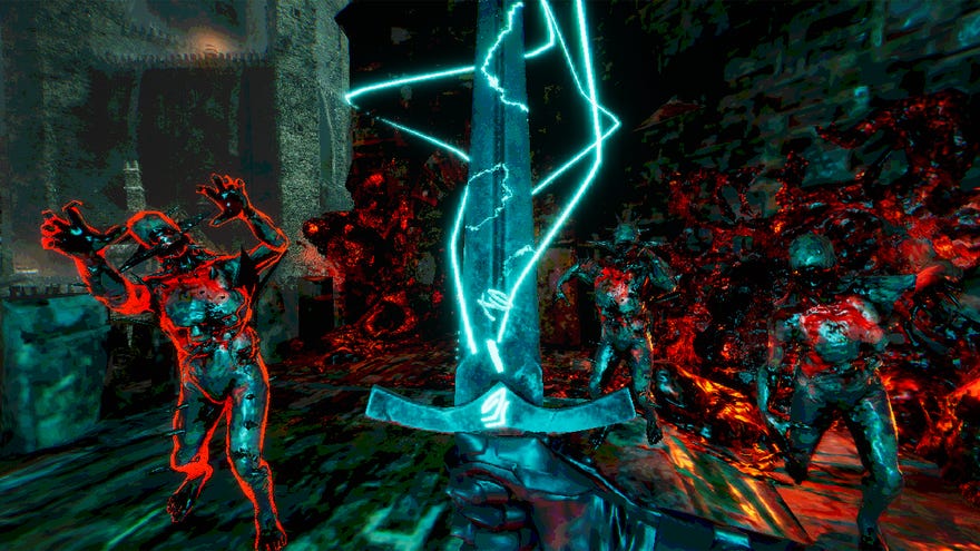 An enchanted sword being brandished against a crowd of attacking red-tinted enemies