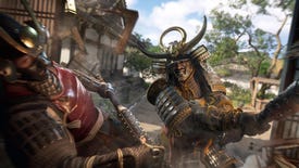 Samurai warrior Yasuke swinging a sword in close-up in Assassin's Creed Shadows