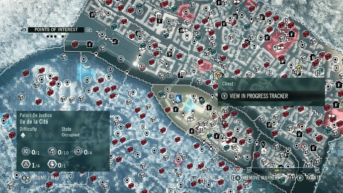 An icon-filled map screen in Assassin's Creed Unity