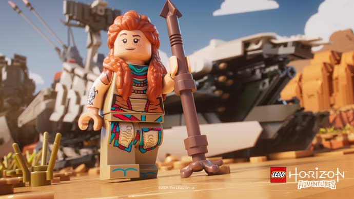 Lego Horizon Adventures screenshot showing Aloy posing with a spear.
