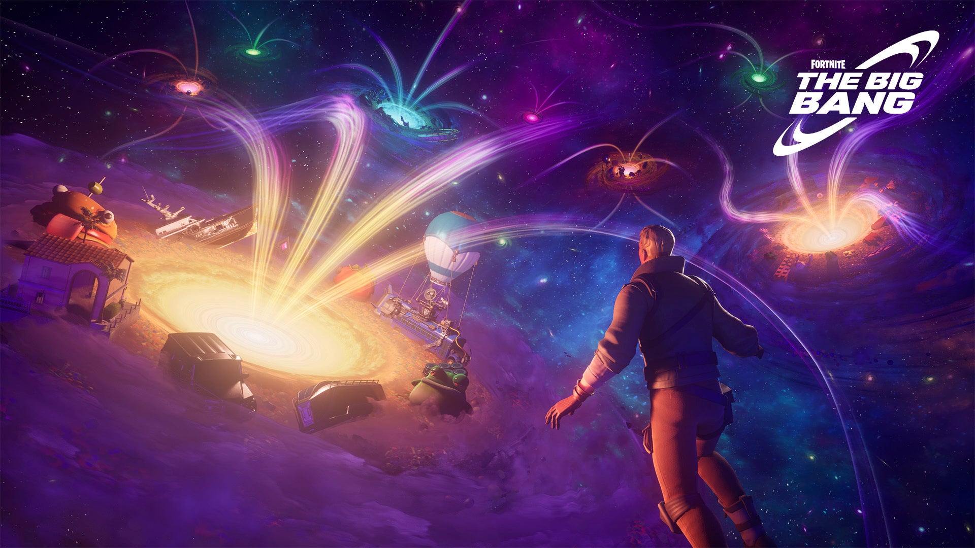 Fortnite&rsquo;s Big Bang live event screenshot showing the player hovering above a universe of galaxies, each representing a new mini-game experience.