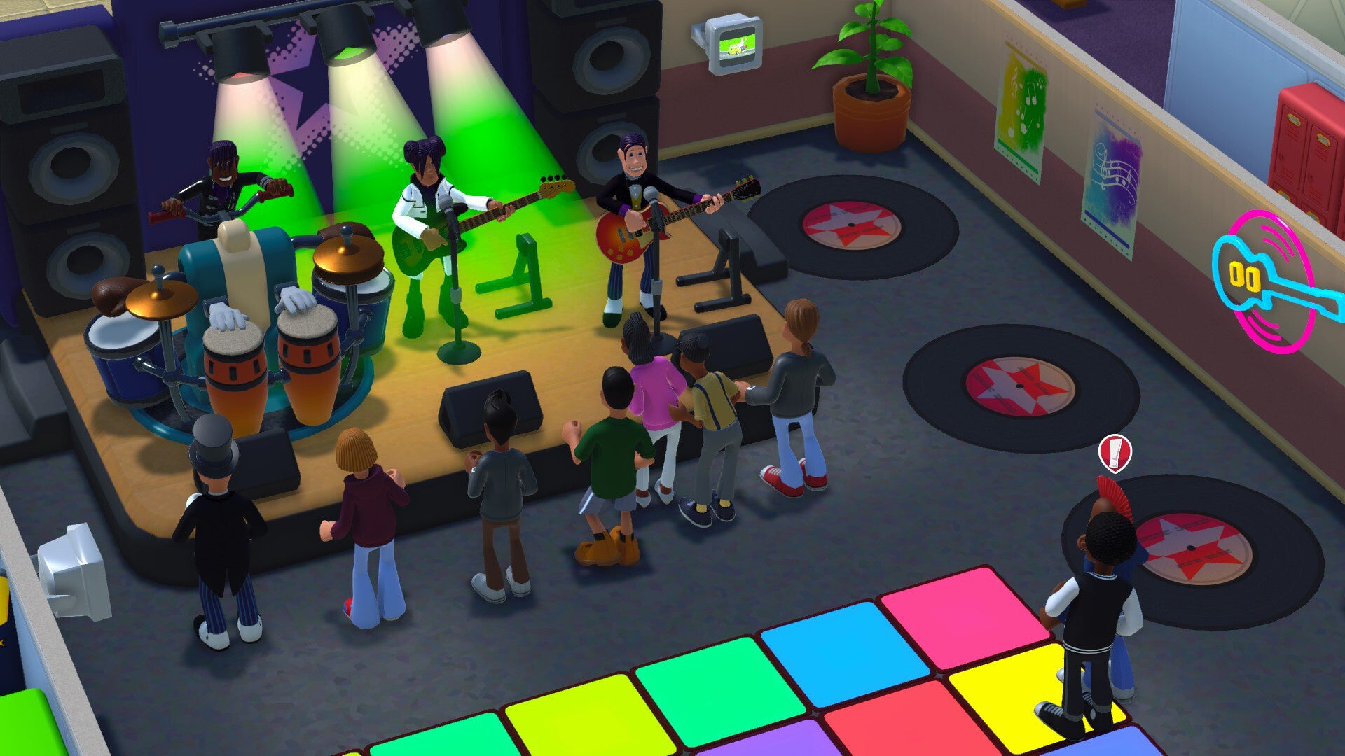 Two Point Campus review - students performing on a small stage in the music building