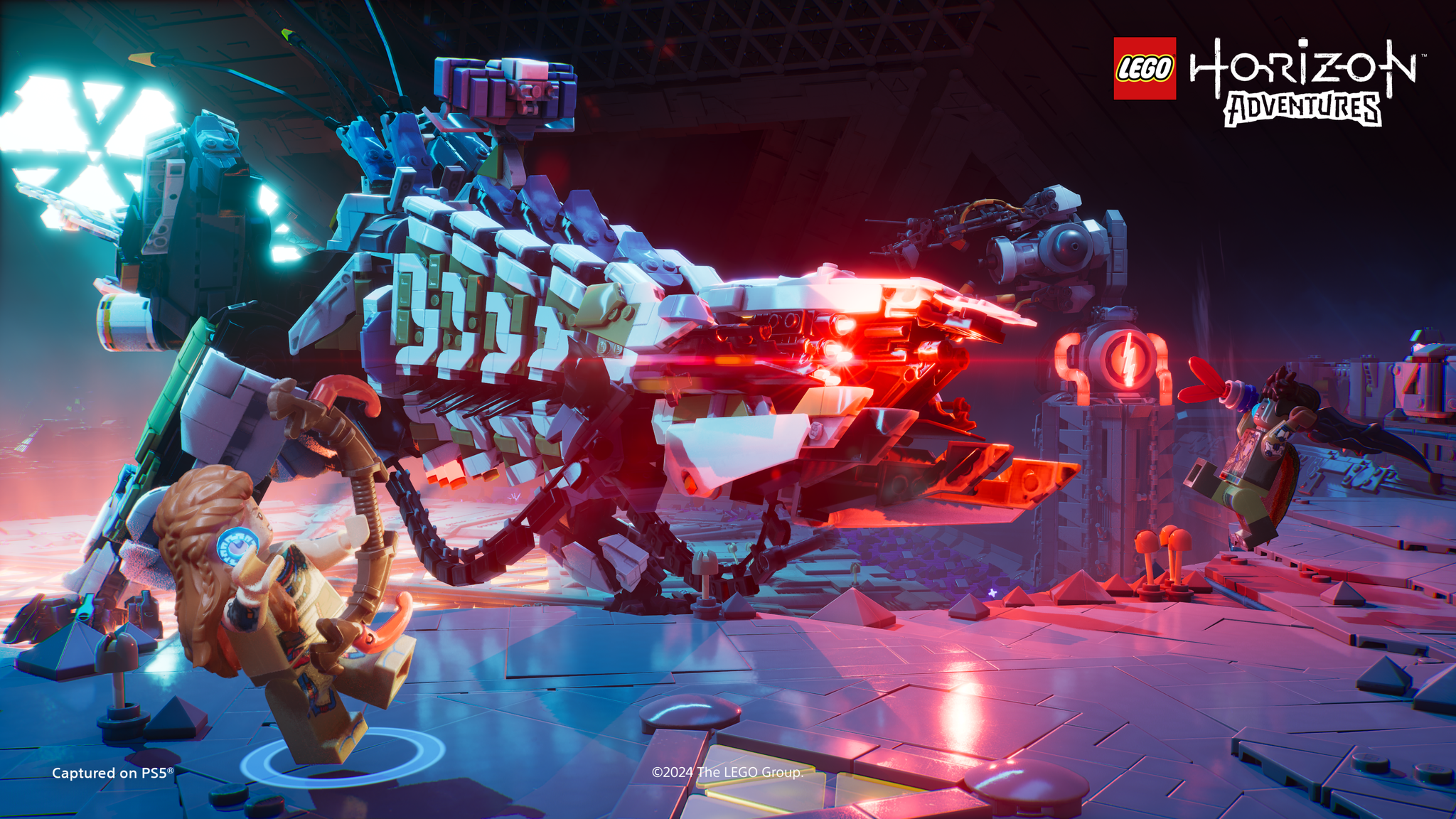 Lego Horizon Adventures screenshot showing a glowing red robot dinosaur in a cave.