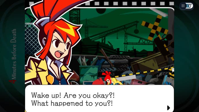 Ghost Trick: Phantom Detective review screenshot, red-haired girl in yellow coat telling the man on the floor to wake up.