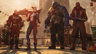 The four main characters from Rocksteady's Suicide Squad standing in a line - Harley Quinn, King Shark, Boomerang and Deathshot
