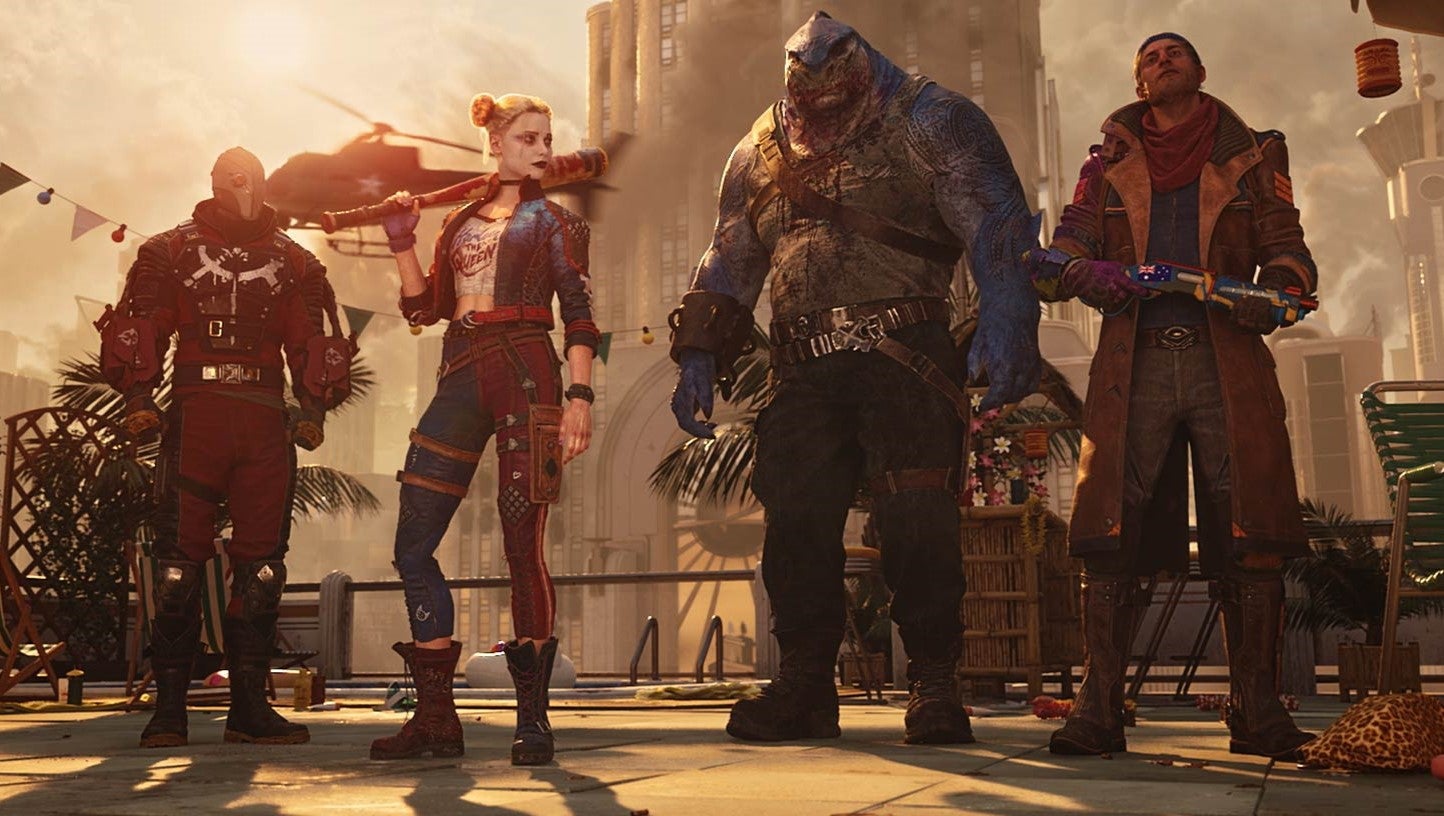 The four main characters from Rocksteady's Suicide Squad standing in a line - Harley Quinn, King Shark, Boomerang and Deathshot - 1