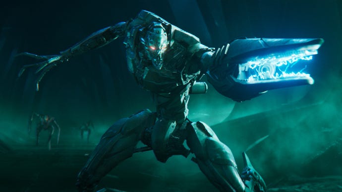 Eine Roboterfigur, die im Science-Fiction-Shooter Exodus mit einer großen blauen Energiekanone zielt