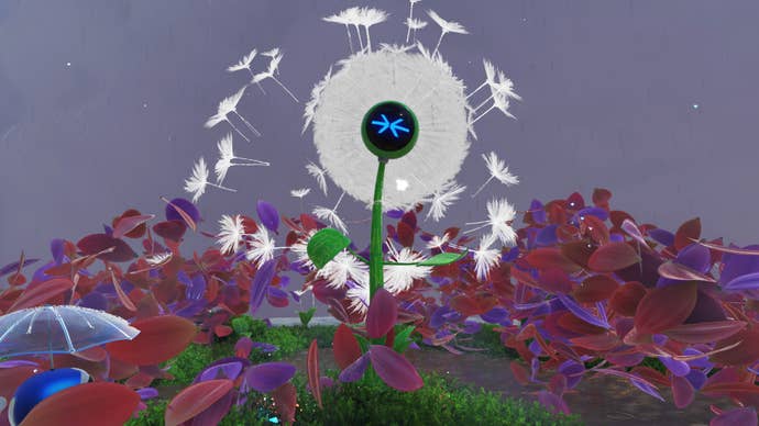 Astro Bot looks at a dandelion that is losing its feathery petals.