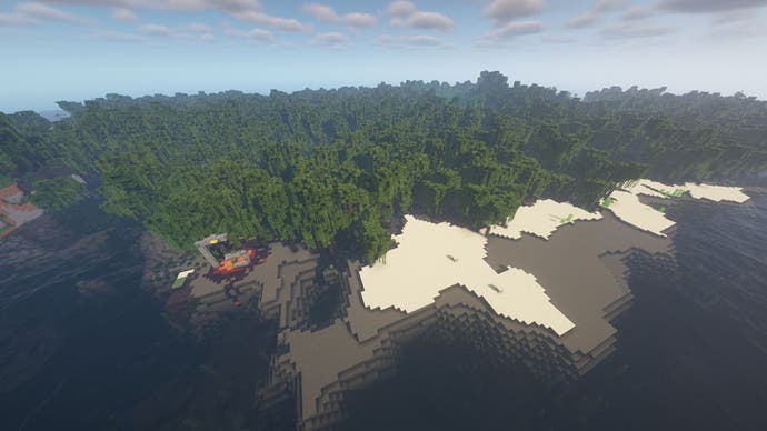 Ein Mangrove-Swamp-Biom an der Küste in Minecraft, mit einem zerstörten Portal am Strand auf der linken Seite.
