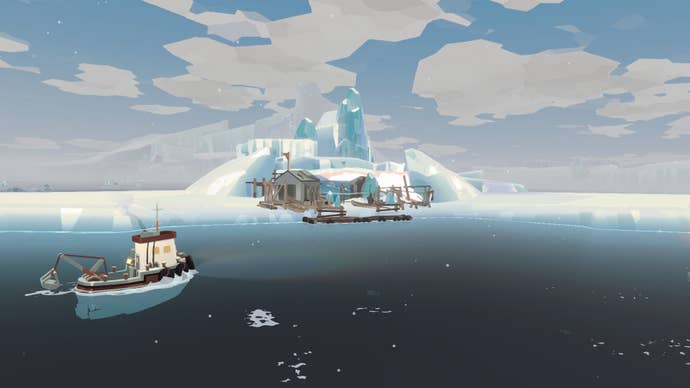 The player’s ship approaching an ice-locked island in Dredge’s Pale Reach DLC.