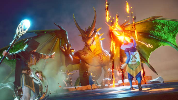 A group of players confronting a dragon with blades and magic in RuneScape: Dragonwilds