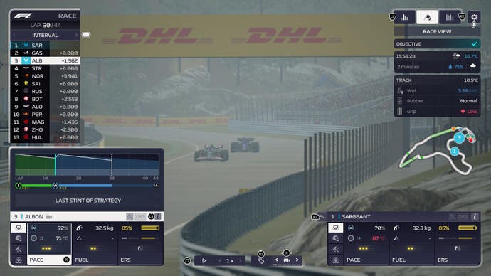 F1 Manager 2023 review screenshot, Williams car at the Circuit de Spa-Francorchamps in the rain.