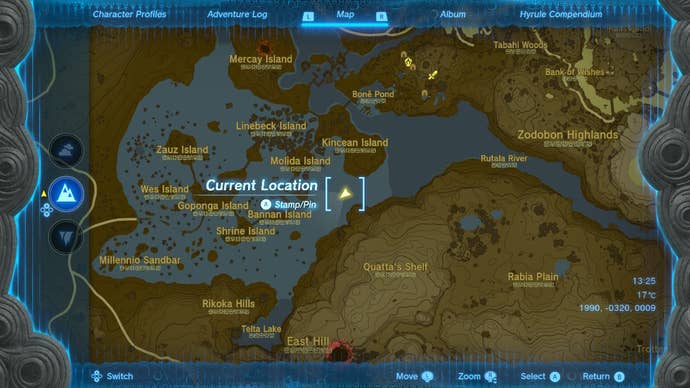 Map showing the location of the Lynel near Quatta’s Shelf in Zelda: Tears of the Kingdom.