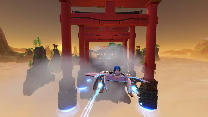 Astro Bot rides a controller through Japanese gates.