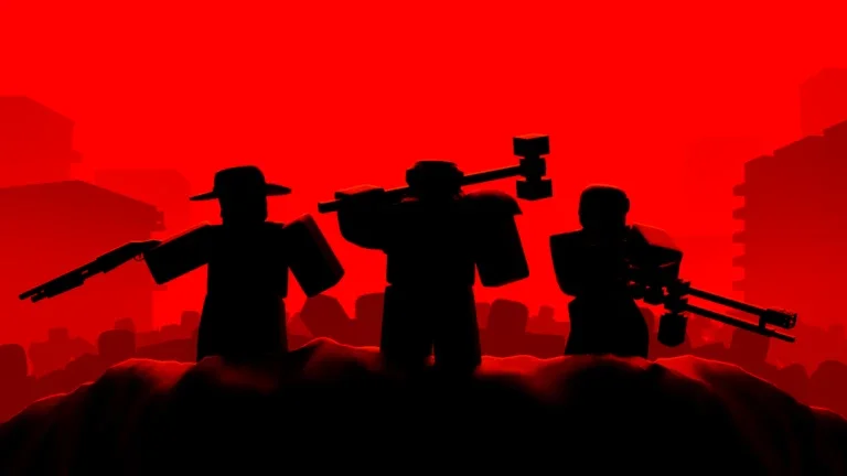 Artwork for the Roblox game 100 Waves Later showing the silhouettes of three characters holding weapons. - 1