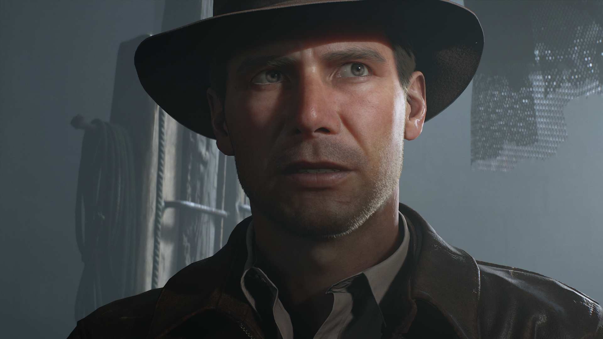 Indy wearing his iconic fedora hat in a screenshot from Indiana Jones and the Great Circle: Order of Giants DLC