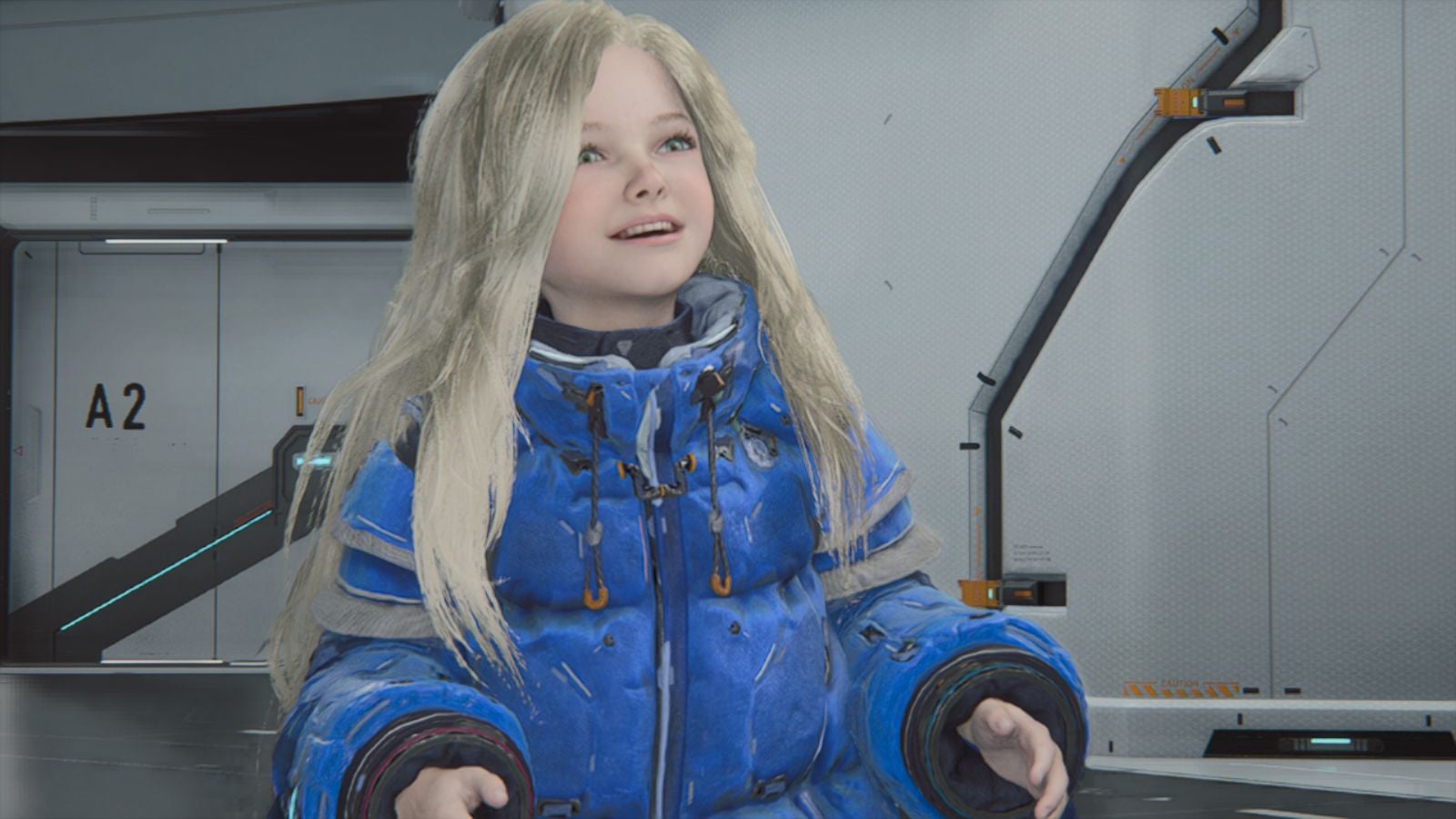 Pragmata's Diana. She is a young girl with long blonde hair and a large blue jacket