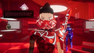 1000xresist official screenshot showing a character in a red mask and outfit talking to you, against red-lit futuristic background