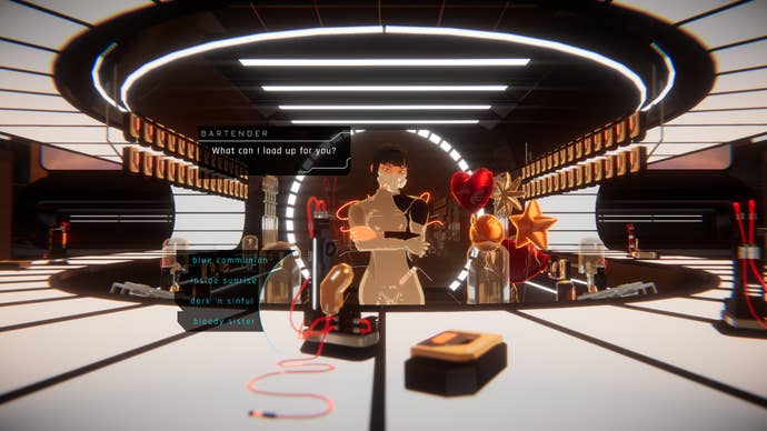 1000xResist screenshot showing a futuristic bartender asking “what can I load up for you?"