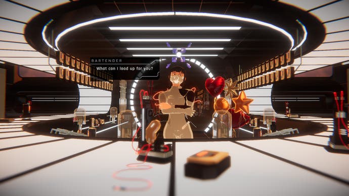 Screenshot from 1000xRESIST showing the bartender clone at a futuristic U-shaped bar