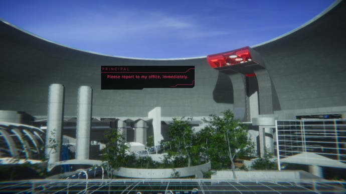 Screenshot from 1000xRESIST showing a wide external shot of a futuristic grey compound with a red-lit glass room