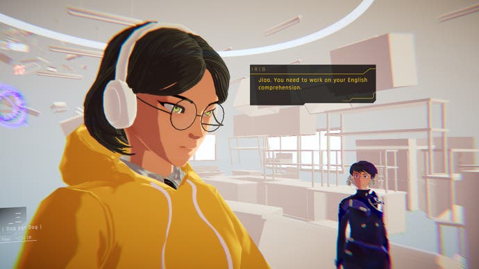 Screenshot from 1000xRESIST showing the character Iris telling Jiao to improve her English comprehension