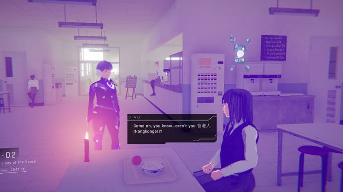 Screenshot from 1000xRESIST showing the character Jiao talking to Watcher during a communion
