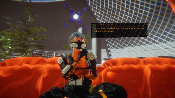 Screenshot from 1000xRESIST showing the clone Bang Bang Fire sitting on an orange couch