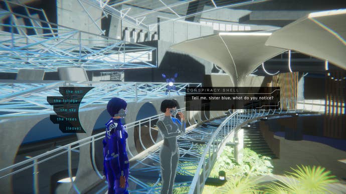 Screenshot from 1000xRESIST showing two clones having a conversation about the compound’s garden