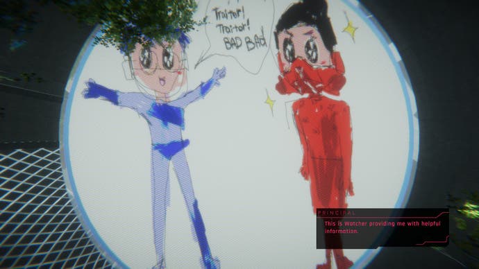 Screenshot from 1000xRESIST showing a child's drawing of a confrontation between two clones