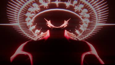 A menacing red and black figure with a halo of light stares at the viewer.