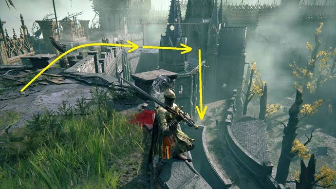 A knight stands on a ledge above a courtyard inside Stormveil Castle in Elden Ring, with yellow arrows indicating a possible route down to ground level.