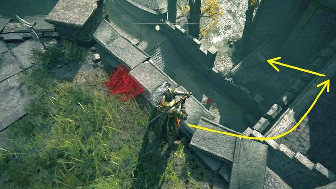 A knight stands on a grassy rooftop looking down into Stormveil Castle in Elden Ring, with yellow arrows pointing to a possible route down to the courtyard.