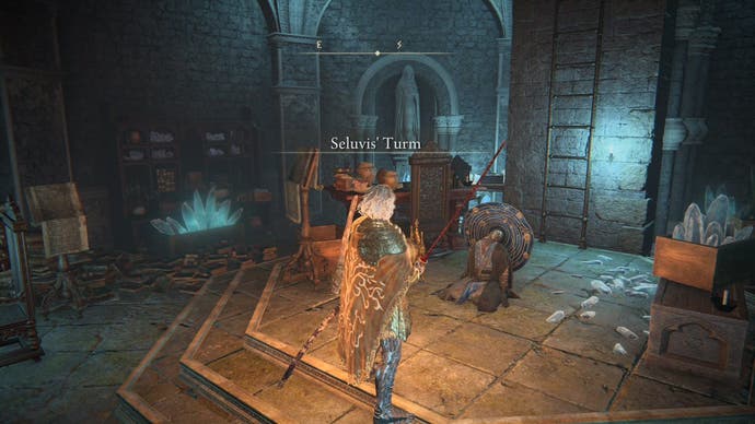 A warrior stands in a stone chamber in Elden Ring, in front of a deceased Seluvis