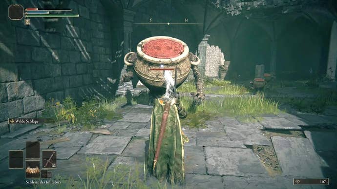 A knight stands in front of a large sentient pot with a red top in Stormveil Castle in Elden Ring.