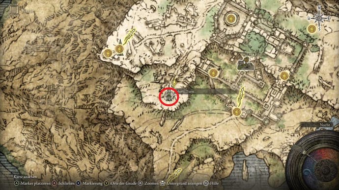 An overhead map image with a tower marked in a red circle from Elden Ring