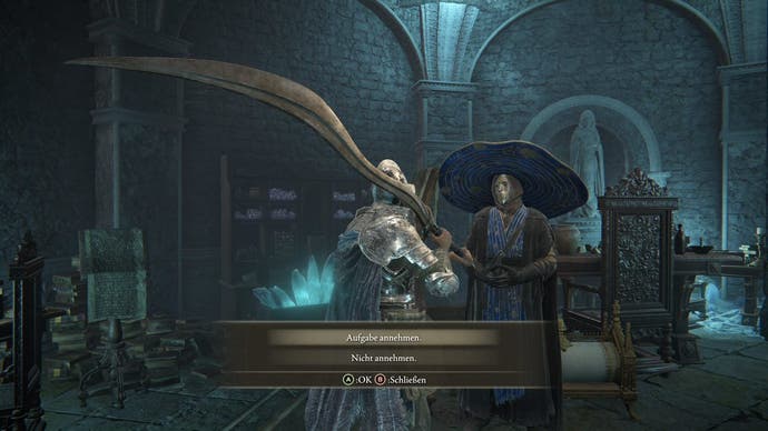 A warrior with a large sword talks to a masked wizard with a blue hat in Elden Ring
