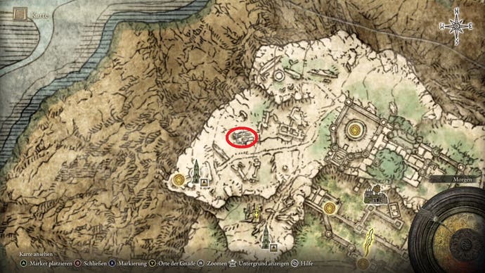 An overhead map screen showing the location of a secret cellar door marked with a red circle in Elden Ring