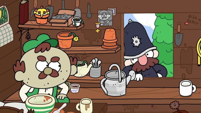 Thank Goodness You're Here! screenshot showing a policeman talking to a green-hued man in his shed