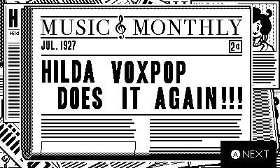 The front page of Music Monthly in DirectDrive. The date is July 1927, and the headline is "HILDA VOXPOP DOES IT AGAIN!!!"