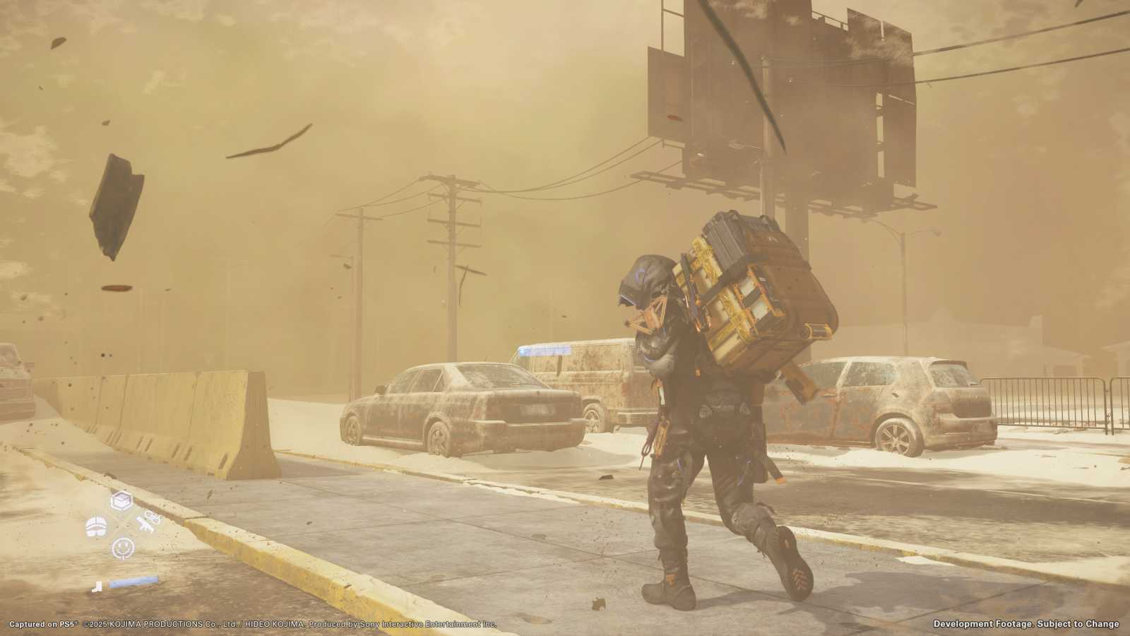 Death Stranding 2 screenshot showing Sam carrying packages through an urban environment in a sandstorm